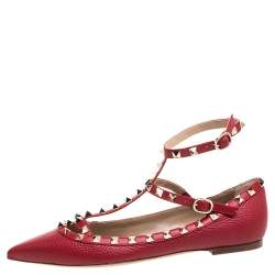 Pre Owned Valentino Red Leather Rockstud Embellished Ankle Strap Pointed Toe Ballet Flats Size 38.5