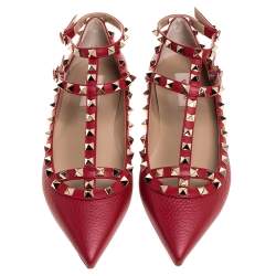 Pre Owned Valentino Red Leather Rockstud Embellished Ankle Strap Pointed Toe Ballet Flats Size 38.5