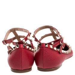 Pre Owned Valentino Red Leather Rockstud Embellished Ankle Strap Pointed Toe Ballet Flats Size 38.5