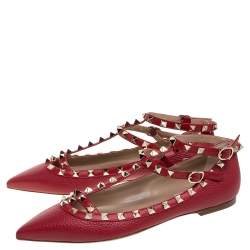 Pre Owned Valentino Red Leather Rockstud Embellished Ankle Strap Pointed Toe Ballet Flats Size 38.5