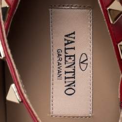 Pre Owned Valentino Red Leather Rockstud Embellished Ankle Strap Pointed Toe Ballet Flats Size 38.5