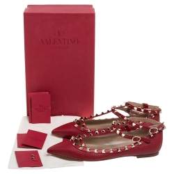 Pre Owned Valentino Red Leather Rockstud Embellished Ankle Strap Pointed Toe Ballet Flats Size 38.5
