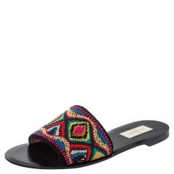 مملوكة مسبقًا Valentino Multicolor Bead Embellished Fabric Native Couture Flat Slide Sandals Size 36