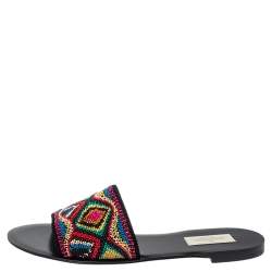 مملوكة مسبقًا Valentino Multicolor Bead Embellished Fabric Native Couture Flat Slide Sandals Size 36