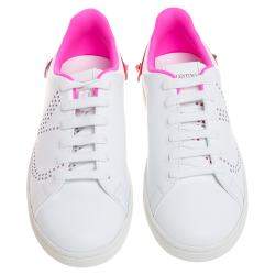 Pre Owned Valentino White/ Florescent Pink Leather V-Logo Sneakers Size 38