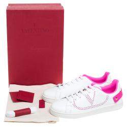 Pre Owned Valentino White/ Florescent Pink Leather V-Logo Sneakers Size 38