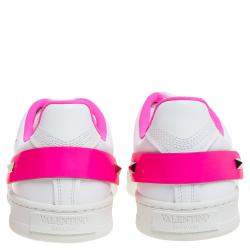 Pre Owned Valentino White/ Florescent Pink Leather V-Logo Sneakers Size 38