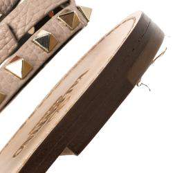 Pre Owned Valentino Beige Leather Rockstud Embellished Ankle Wrap Flat Thong Sandals Size 38