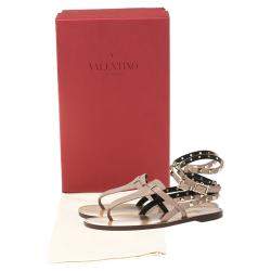 Pre Owned Valentino Beige Leather Rockstud Embellished Ankle Wrap Flat Thong Sandals Size 38