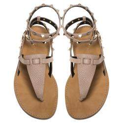 Pre Owned Valentino Beige Leather Rockstud Embellished Ankle Wrap Flat Thong Sandals Size 38