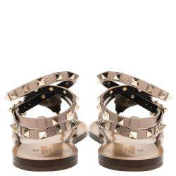 Pre Owned Valentino Beige Leather Rockstud Embellished Ankle Wrap Flat Thong Sandals Size 38