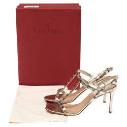 Pre Owned Valentino Metallic Beige Leather Rockstud Embellished T-strap Sandals Size 38