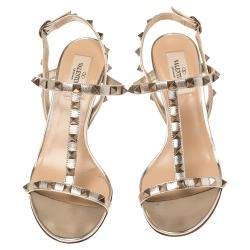 Pre Owned Valentino Metallic Beige Leather Rockstud Embellished T-strap Sandals Size 38