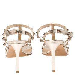 Pre Owned Valentino Metallic Beige Leather Rockstud Embellished T-strap Sandals Size 38