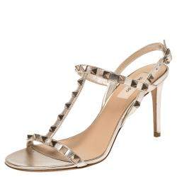 Pre Owned Valentino Metallic Beige Leather Rockstud Embellished T-strap Sandals Size 38