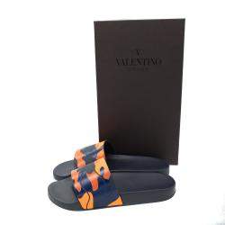 Pre Owned Valentino Marine Blue/Orange Rubber Camouflage Slides Size 42