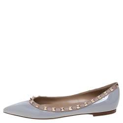 Pre Owned Valentino Pastel Grey/Beige Patent Leather Rockstud Trim Pointed Toe Ballet Flats Size 38.5
