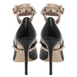 مملوكة مسبقًا Valentino Black/Beige Leather Rockstud Ankle Wrap Pointed Toe Pumps Size 36.5