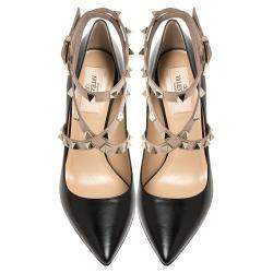 مملوكة مسبقًا Valentino Black/Beige Leather Rockstud Ankle Wrap Pointed Toe Pumps Size 36.5