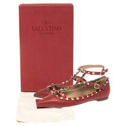 Pre Owned Valentino Red Leather Rockstud Embellished Ankle Strap Pointed Toe Ballet Flats Size 38