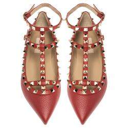 Pre Owned Valentino Red Leather Rockstud Embellished Ankle Strap Pointed Toe Ballet Flats Size 38