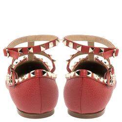 Pre Owned Valentino Red Leather Rockstud Embellished Ankle Strap Pointed Toe Ballet Flats Size 38