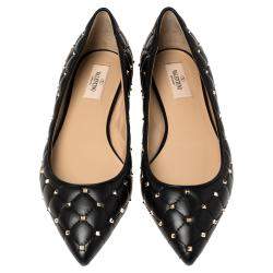 Pre Owned Valentino Black Leather Rockstud Embellished Pointed Toe Ballet Flats Size 37