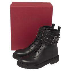 Pre Owned Valentino Black Leather Rockstud Combat Boots Size 39