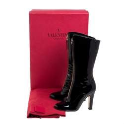 Pre Owned Valentino Black Patent Leather Zip Detail Mid Calf Boots Size 38