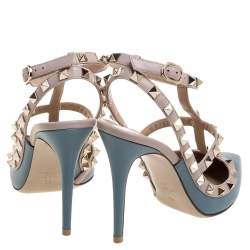 Pre Owned Valentino Teal Leather Rockstud Accents T Strap Sandals Size 38