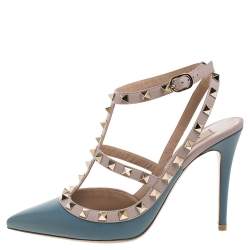 Pre Owned Valentino Teal Leather Rockstud Accents T Strap Sandals Size 38
