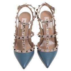 Pre Owned Valentino Teal Leather Rockstud Accents T Strap Sandals Size 38