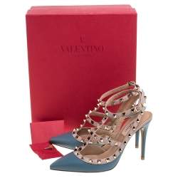 Pre Owned Valentino Teal Leather Rockstud Accents T Strap Sandals Size 38