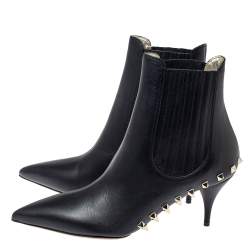Pre Owned Valentino Black Leather Studded Pointed Toe Booties Size 38.5