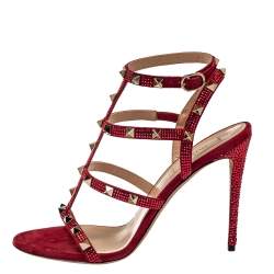 Pre Owned صندل فالنتينو سكارلت سويدي أحمر مزخرف كريستال روكستد بحزام للكاحل مقاس 38.5