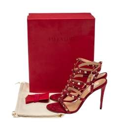 Pre Owned صندل فالنتينو سكارلت سويدي أحمر مزخرف كريستال روكستد بحزام للكاحل مقاس 38.5