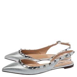Pre Owned Valentino Silver Leather Rockstud Flat Slingback Sandals Size 38