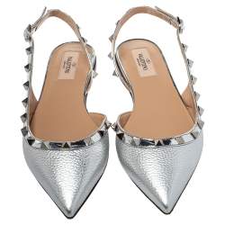 Pre Owned Valentino Silver Leather Rockstud Flat Slingback Sandals Size 38