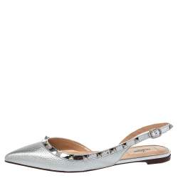 Pre Owned Valentino Silver Leather Rockstud Flat Slingback Sandals Size 38