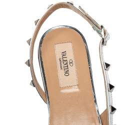 Pre Owned Valentino Silver Leather Rockstud Flat Slingback Sandals Size 38