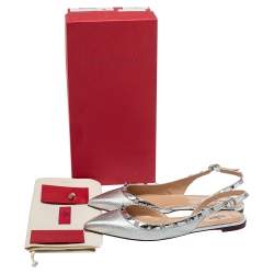 Pre Owned Valentino Silver Leather Rockstud Flat Slingback Sandals Size 38