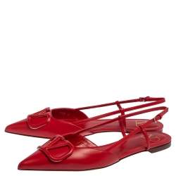 Pre Owned Valentino Red Leather VLogo Slingback Flat Sandals Size 38.5