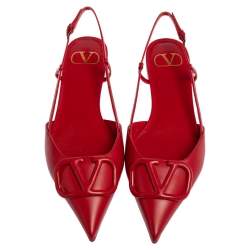 Pre Owned Valentino Red Leather VLogo Slingback Flat Sandals Size 38.5