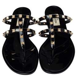Pre Owned Valentino Black Patent Leather Rockstud Thong Sandals Size 39