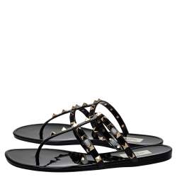 Pre Owned Valentino Black Patent Leather Rockstud Thong Sandals Size 39