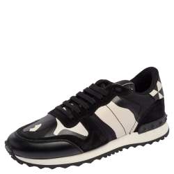Pre Owned Valentino Black/White Camouflage Leather and Suede Rockstud Trainer Sneakers Size 37.5