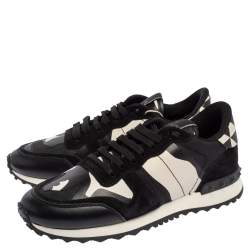 Pre Owned Valentino Black/White Camouflage Leather and Suede Rockstud Trainer Sneakers Size 37.5