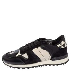 Pre Owned Valentino Black/White Camouflage Leather and Suede Rockstud Trainer Sneakers Size 37.5