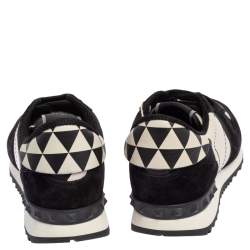 Pre Owned Valentino Black/White Camouflage Leather and Suede Rockstud Trainer Sneakers Size 37.5