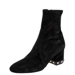 Pre Owned Valentino Black Suede Rockstud Trim Heel Ankle Boots Size 38